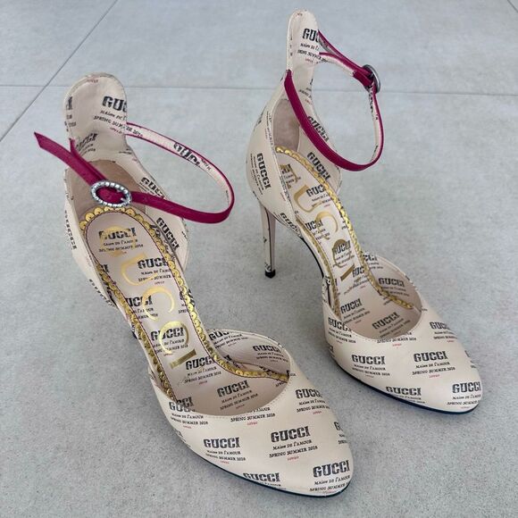 Gucci Apollo Gucci Stamp Print Beige Leather Logo Ankle Strap Pumps EU37.5 US7.5 - Picture 2 of 12